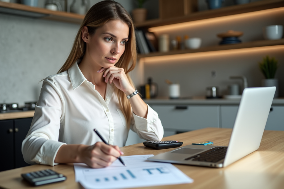 Femme en tenue casual analysant des papiers financiers à la maison