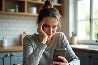 Femme frustrée tenant un smartphone affichant une erreur de connexion sur l'application Caisse d'Epargne