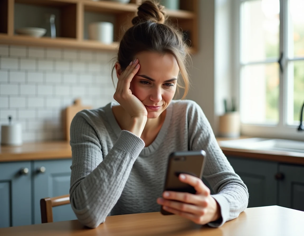 Femme frustrée tenant un smartphone affichant une erreur de connexion sur l'application Caisse d'Epargne