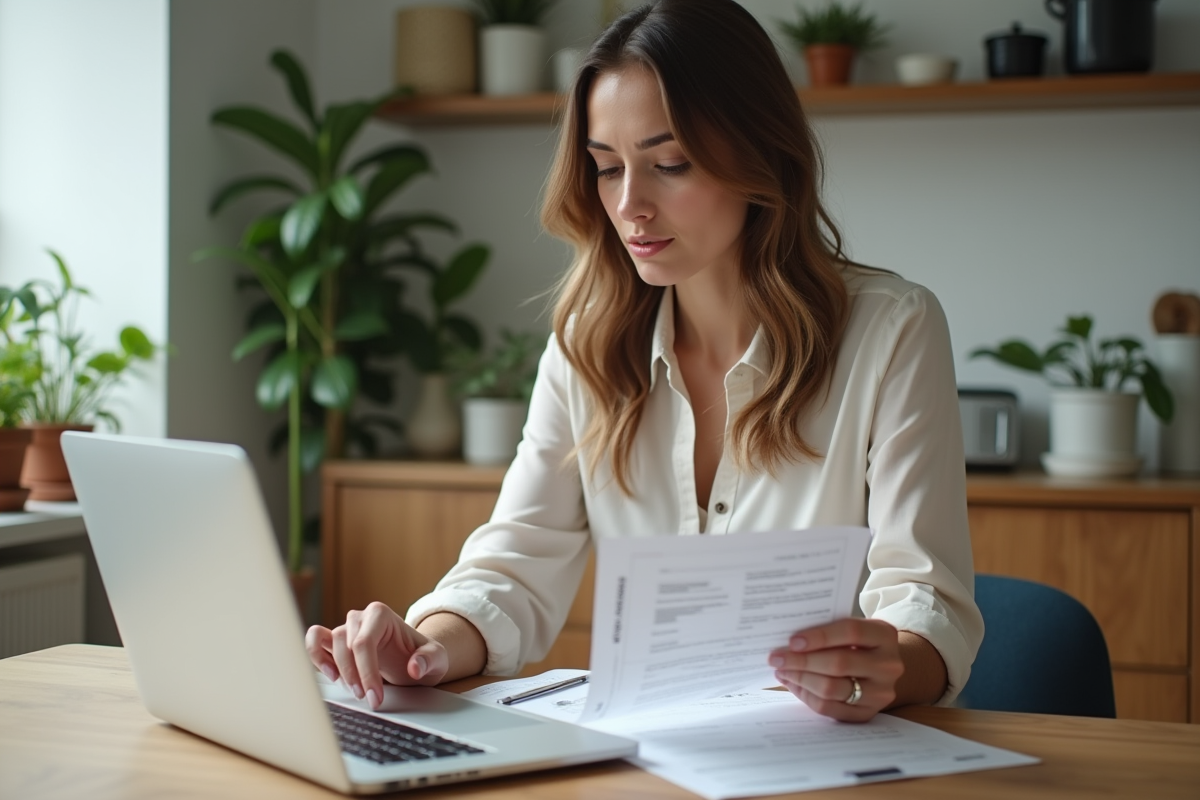 Femme d'affaires examine ses relevés bancaires à la maison
