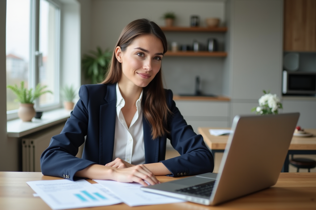 Femme confiante travaillant sur documents immobiliers dans un appartement