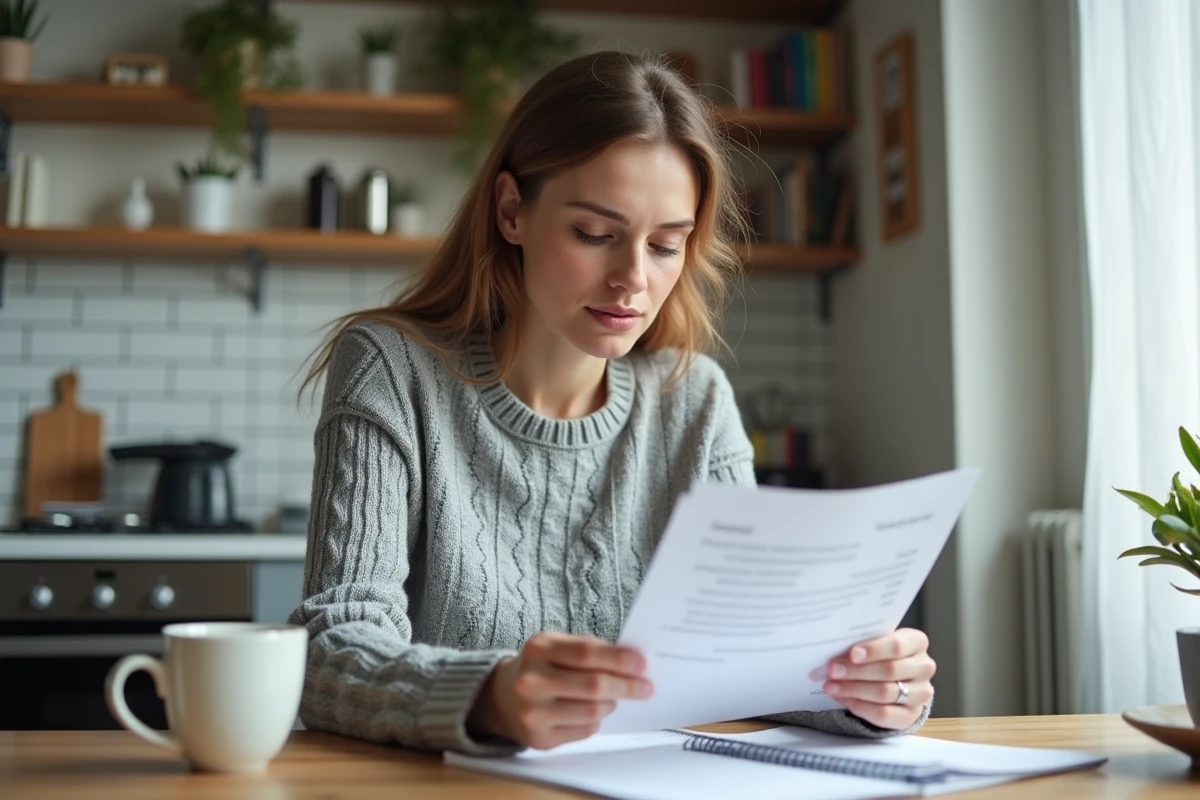 Femme consultant un livret d'épargne et des documents bancaires à une table en bois dans un appartement français