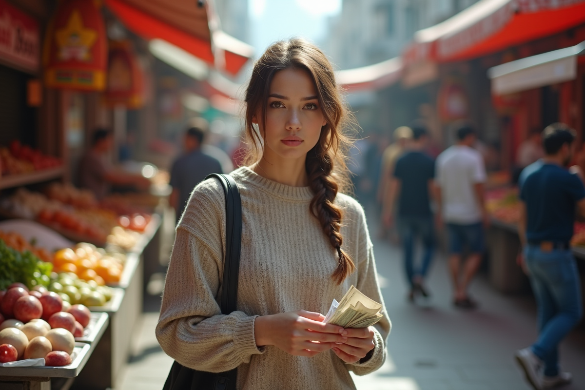 Jeune femme dans un marché en plein air avec de l