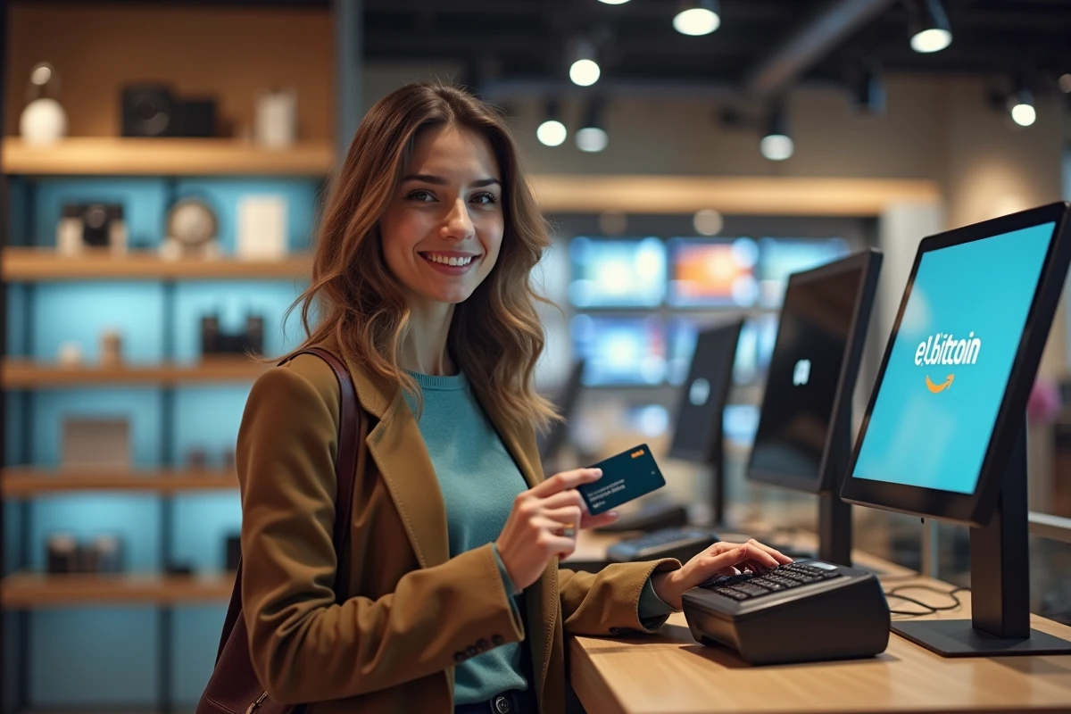 Femme tenant une carte bitcoin dans un magasin d’électronique moderne