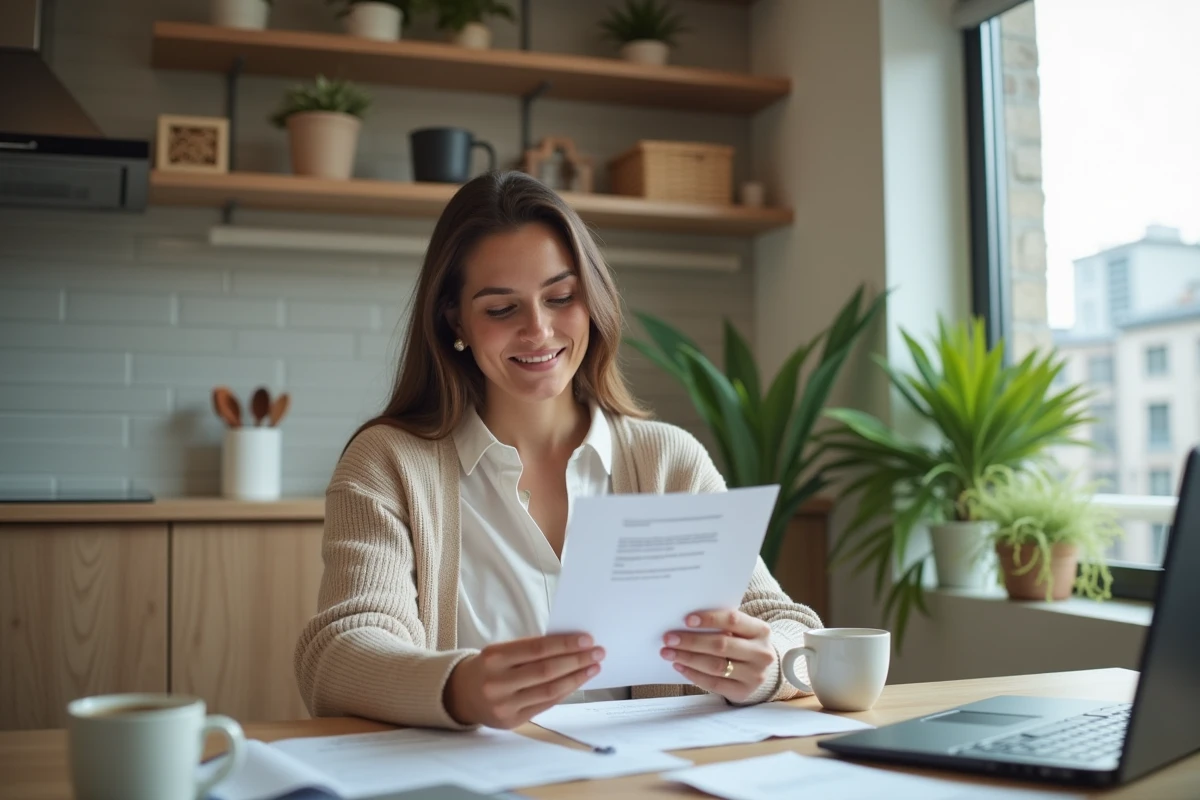 Femme souriante vérifiant un document dans sa cuisine