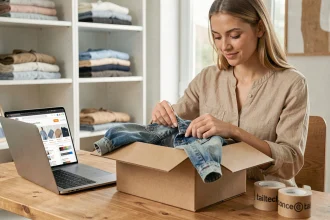 Jeune femme préparant un colis de vêtements d'occasion pour une vente en ligne sécurisée sur Vinted avec paiement Mangopay