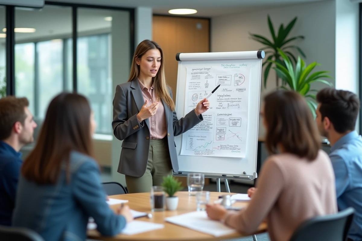 Femme en réunion expliquant des diagrammes