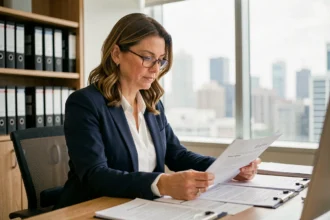 Femme professionnelle en blazer marine analysant des documents d'assurance professionnelle dans un bureau moderne