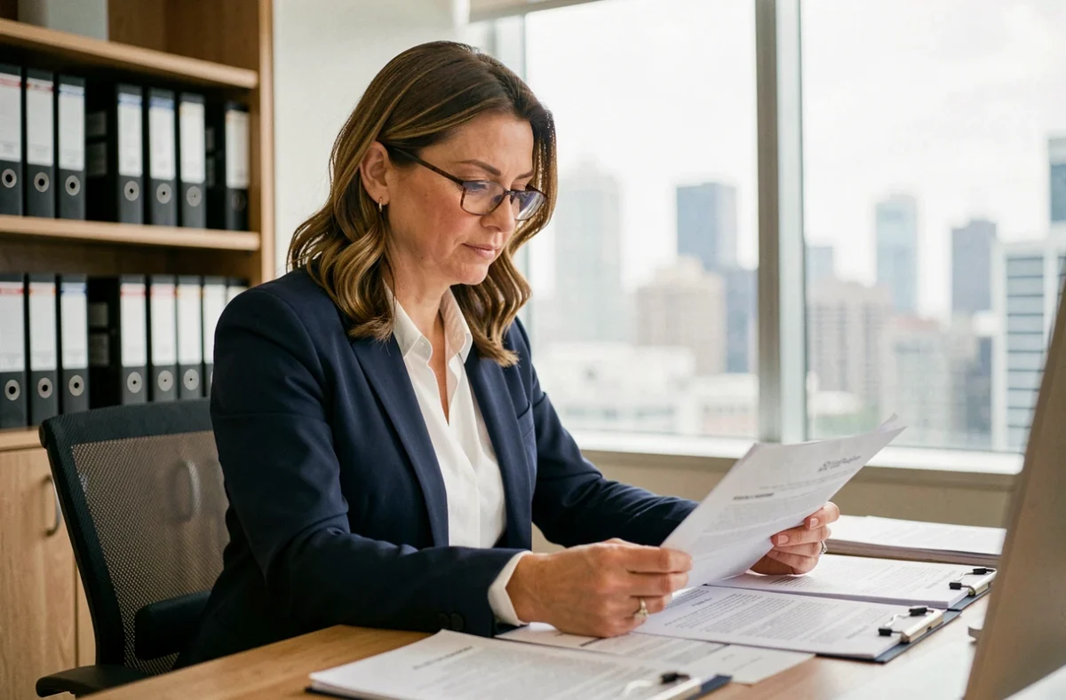Femme professionnelle en blazer marine analysant des documents d'assurance professionnelle dans un bureau moderne