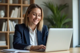 Femme professionnelle utilisant Cyberplus Banque Populaire Centre Atlantique Aquitaine sur un ordinateur portable dans un bureau moderne