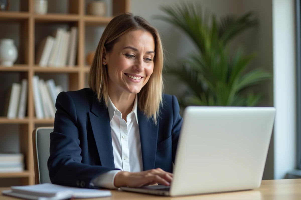 Femme professionnelle utilisant Cyberplus Banque Populaire Centre Atlantique Aquitaine sur un ordinateur portable dans un bureau moderne
