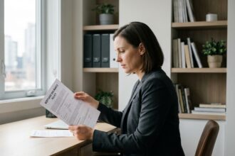 Femme professionnelle lisant un document d'assurance hypothécaire