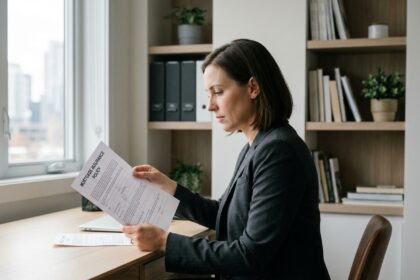 Femme professionnelle lisant un document d'assurance hypothécaire