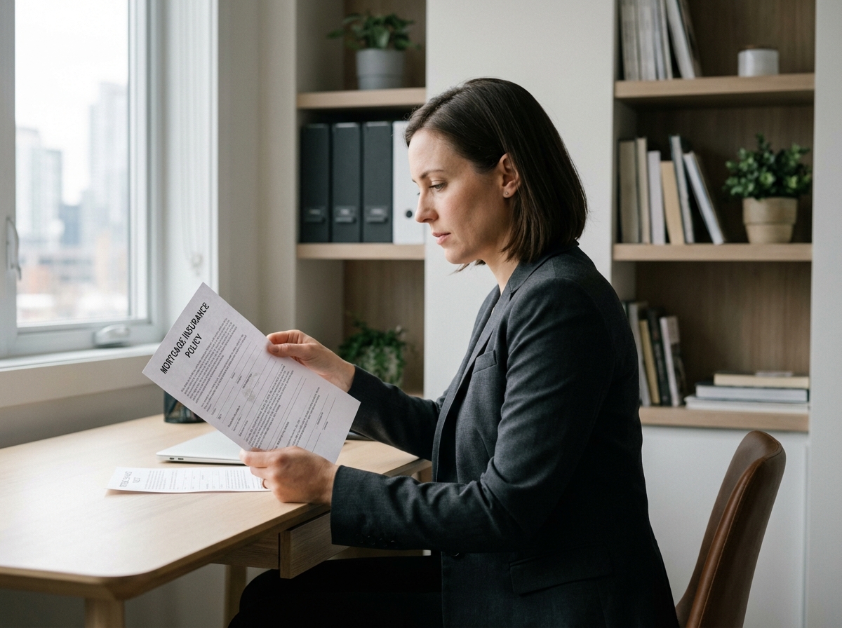 Femme professionnelle lisant un document d'assurance hypothécaire