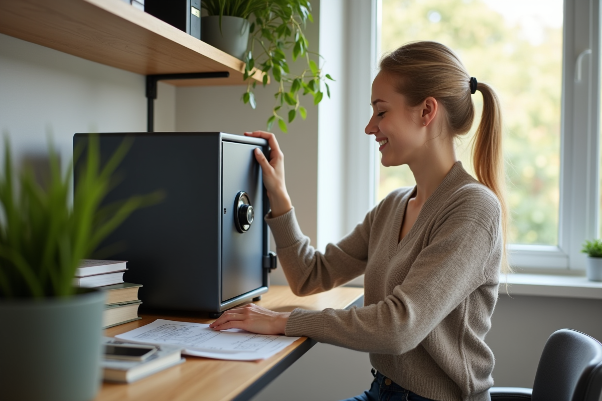 Jeune femme organisant un coffre numérique dans un bureau à domicile