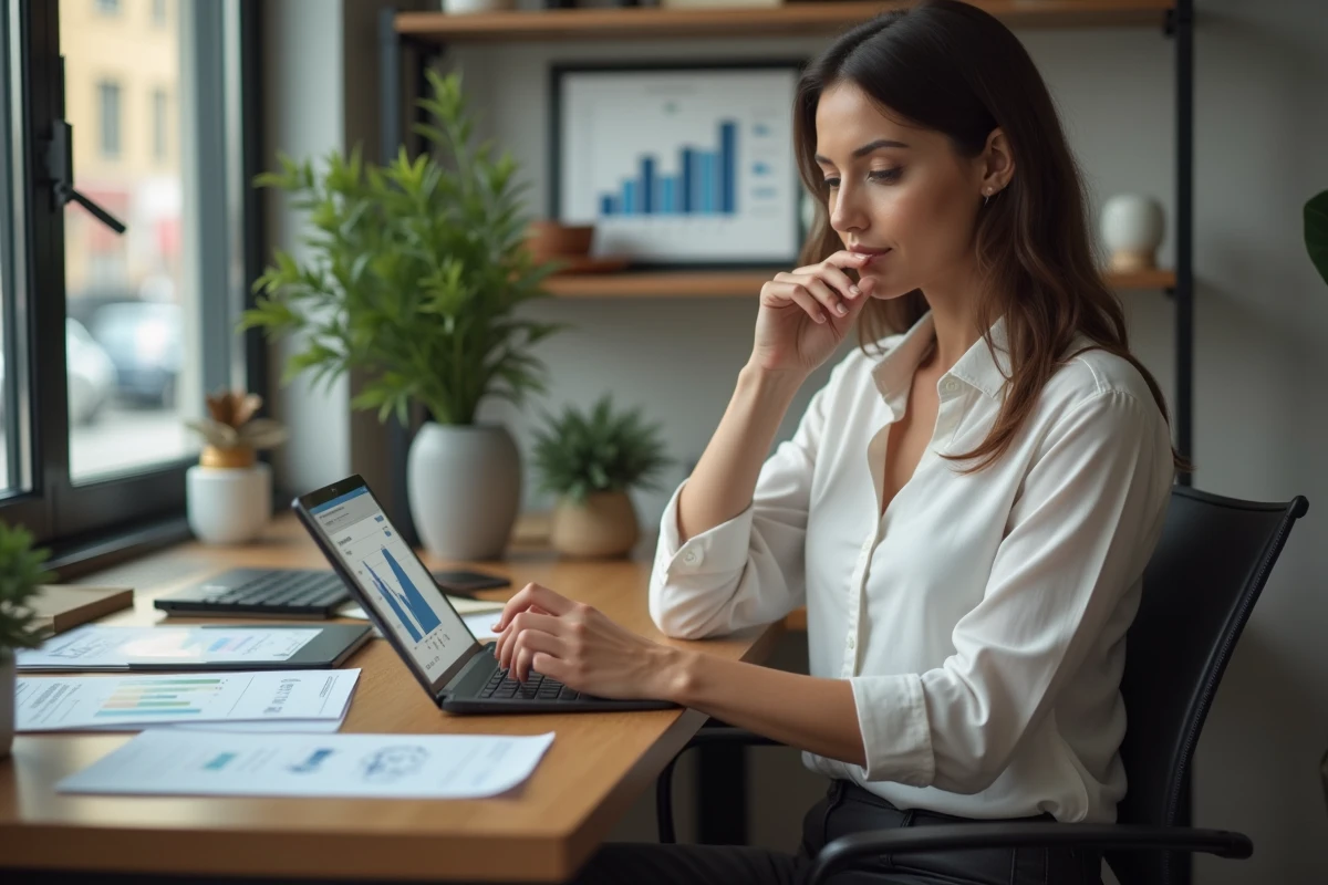 Femme professionnelle en bureau moderne avec tablette