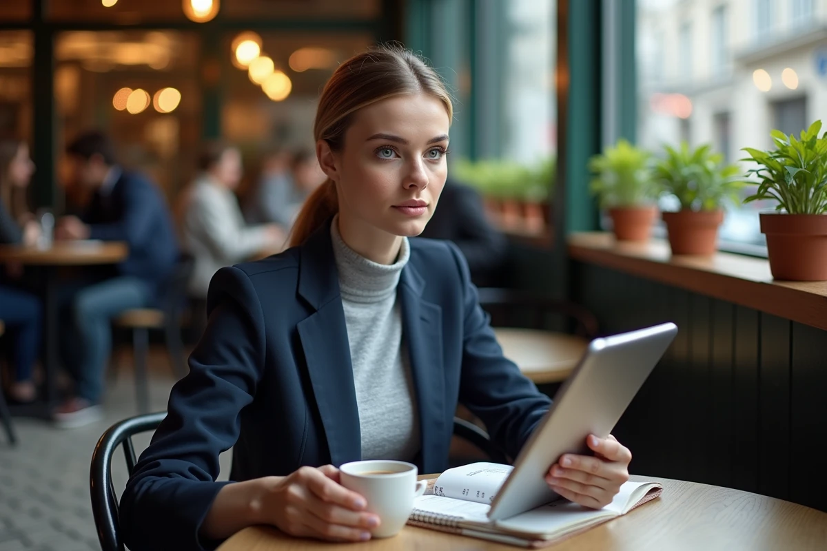 Jeune femme consultant des informations sur la fortune de GMK dans un café parisien