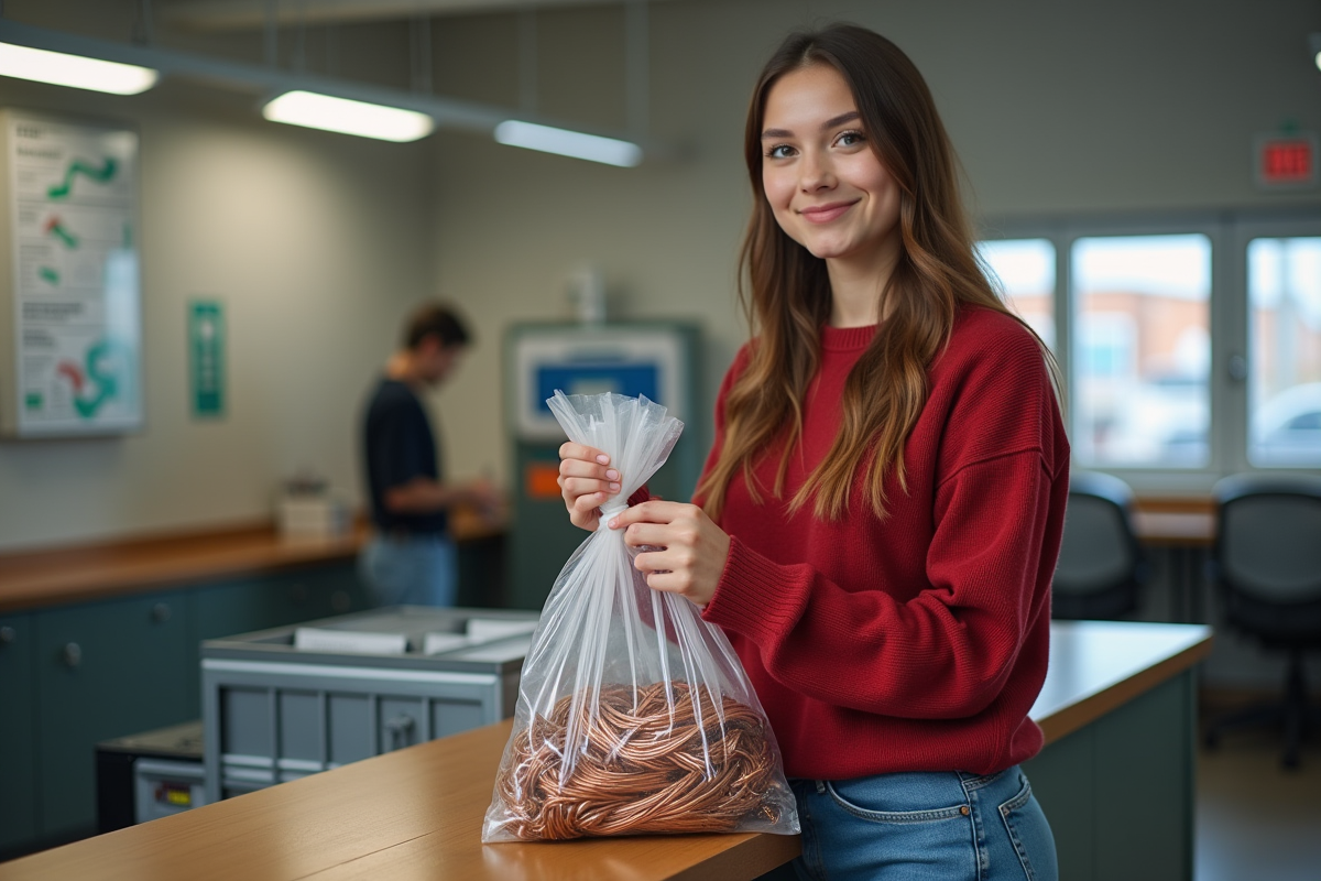 Jeune femme tient un sac de cuivre dans un centre de recyclage