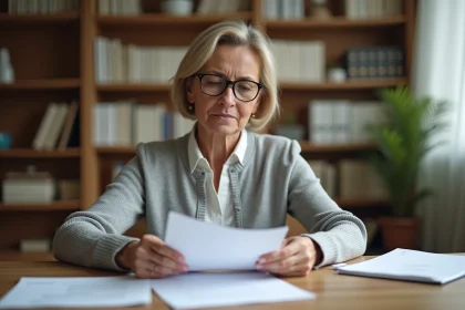 Femme consultant un courrier de refus de capital décès de la CPAM à son bureau avec des documents administratifs