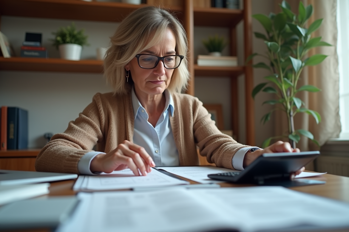 Femme d'âge moyen étudie documents de retraite à son bureau