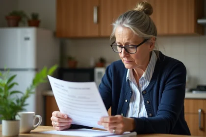 Femme d'âge moyen lisant une déclaration de pension à la maison