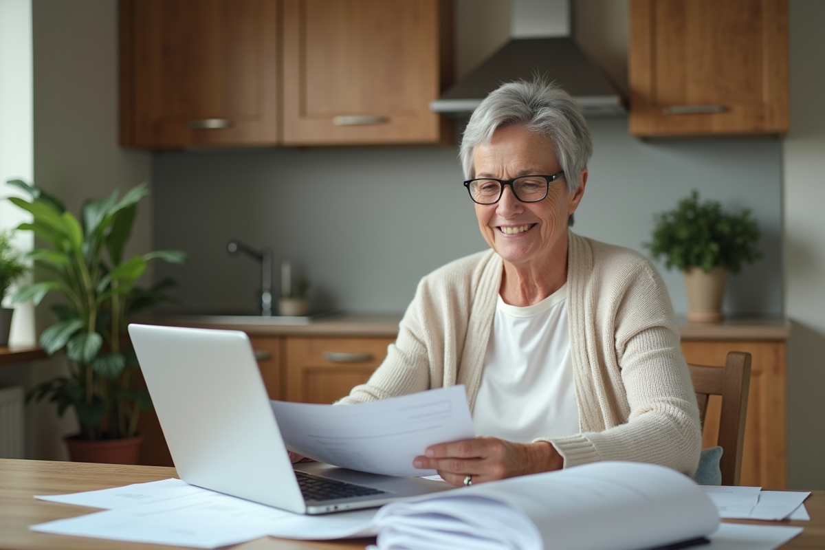 Femme française souriante en retraite dans sa cuisine