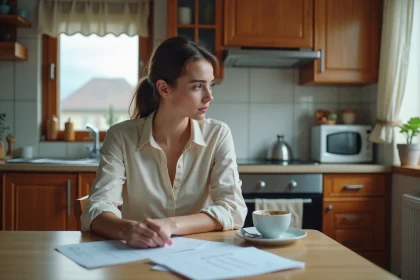 Jeune femme en cuisine regardant ses factures