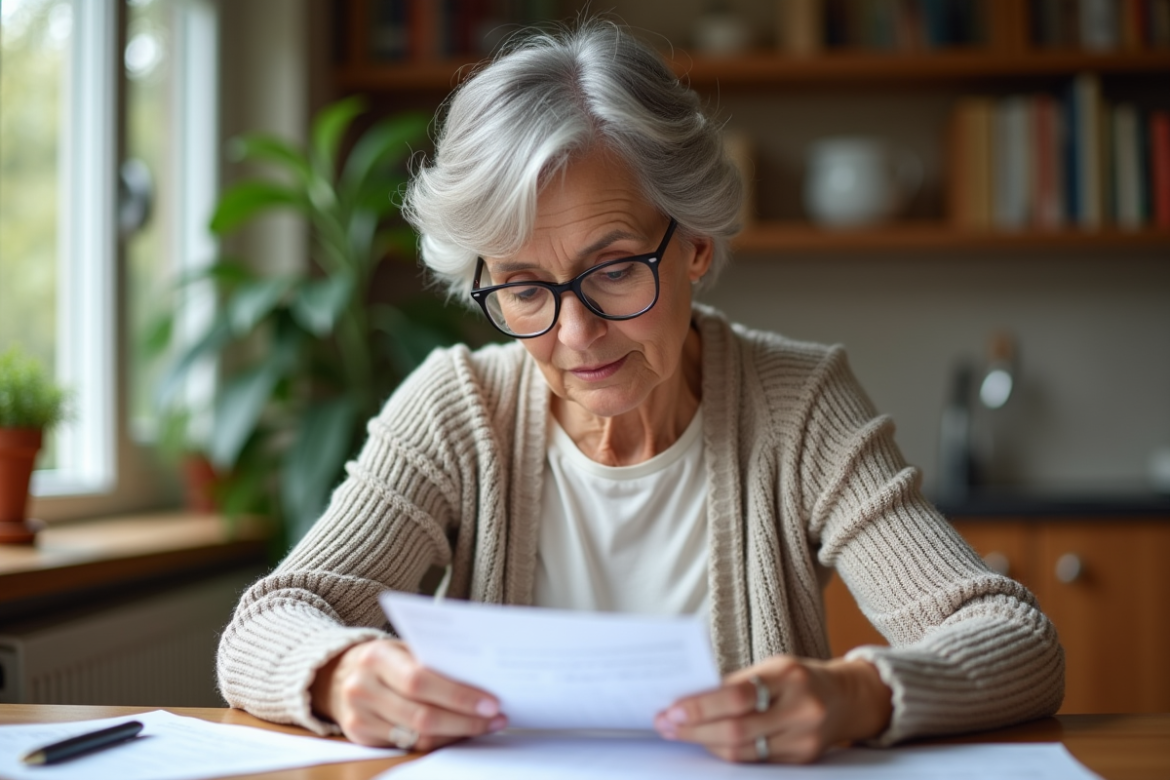 Femme âgée examine des documents dans une maison lumineuse