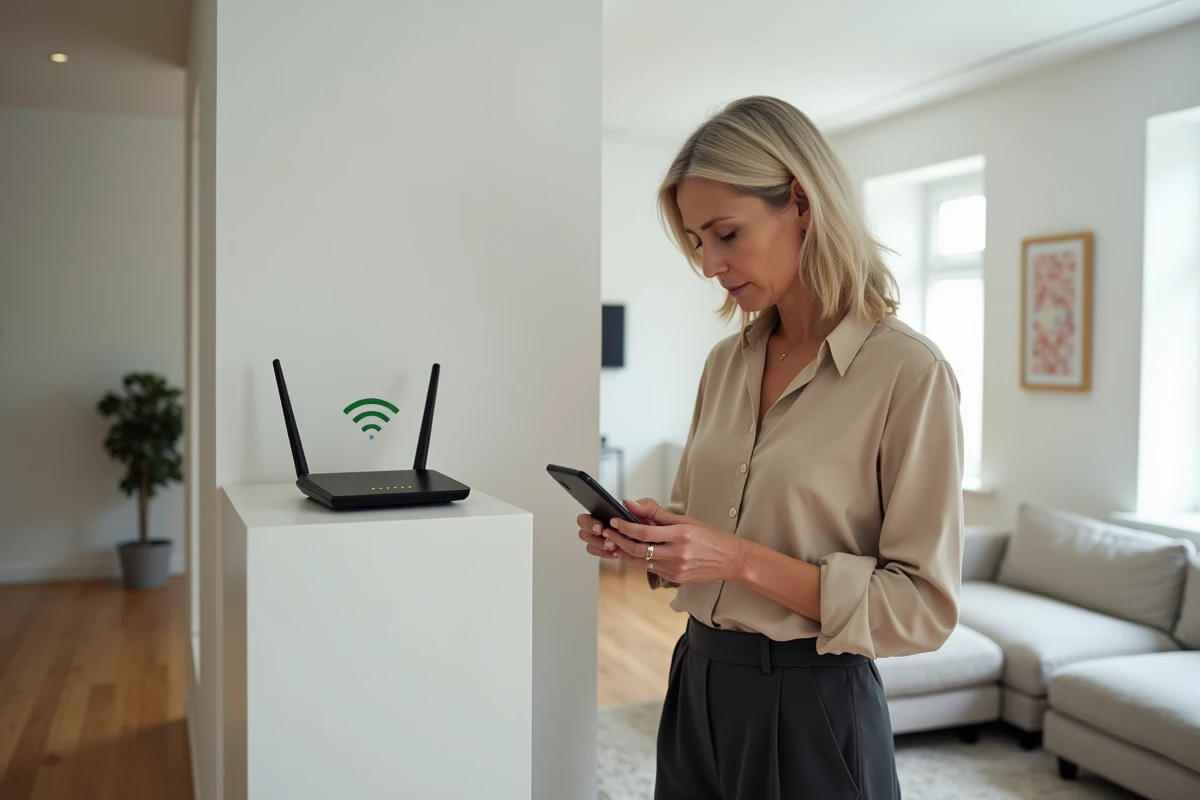 Femme inspectant un routeur Wi-Fi pour résoudre un problème de connexion à la maison