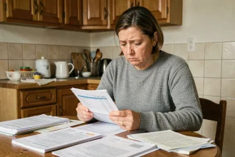 Femme inquiète examinant un relevé bancaire avec des factures sur la table, illustrant les difficultés financières liées au RSA et au découvert autorisé