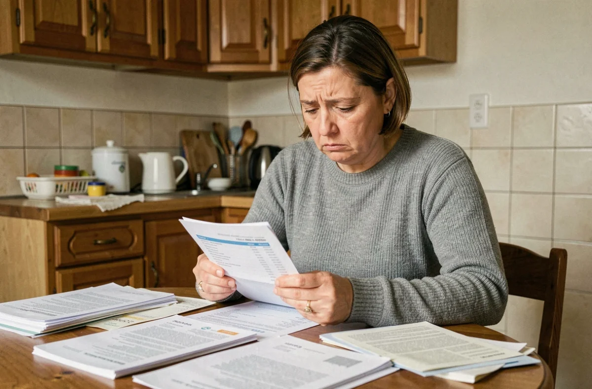 Femme inquiète examinant un relevé bancaire avec des factures sur la table, illustrant les difficultés financières liées au RSA et au découvert autorisé