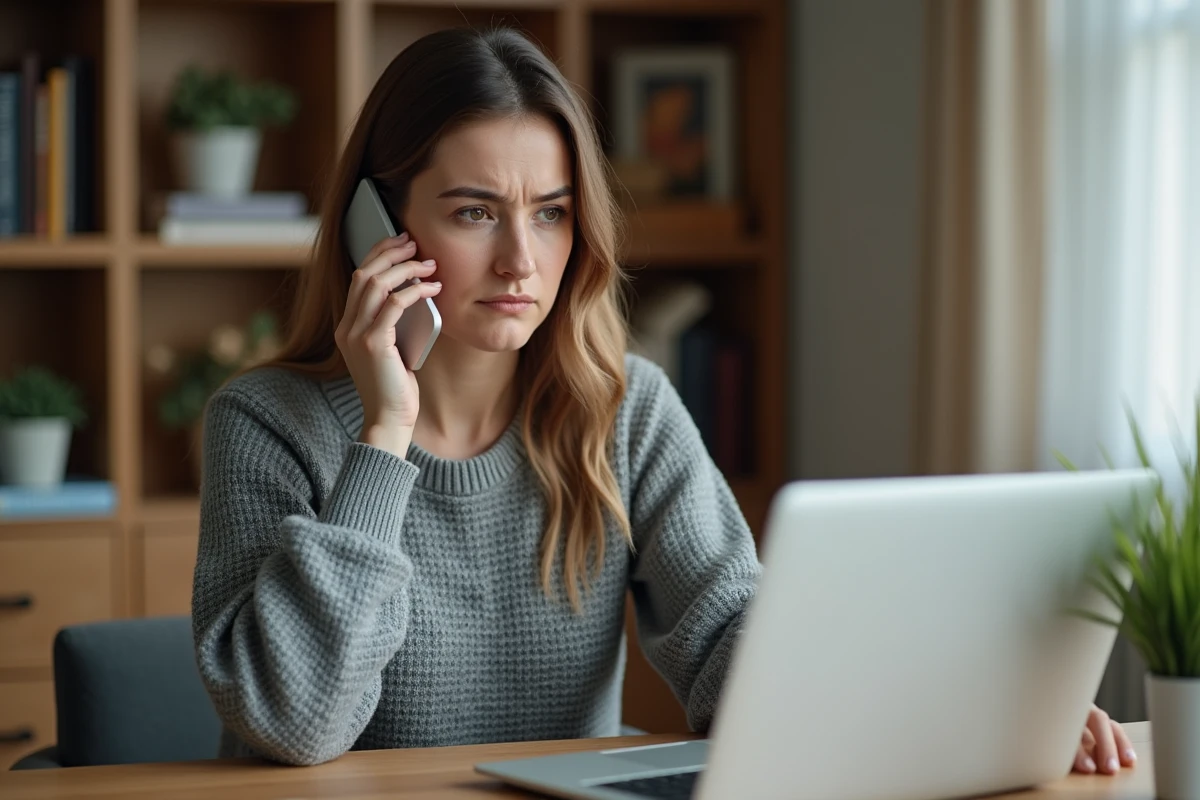 Femme contactant le service client Amazon par téléphone depuis son bureau à domicile pour obtenir un remboursement