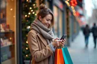 Femme souriante avec sac dans une rue commerçante