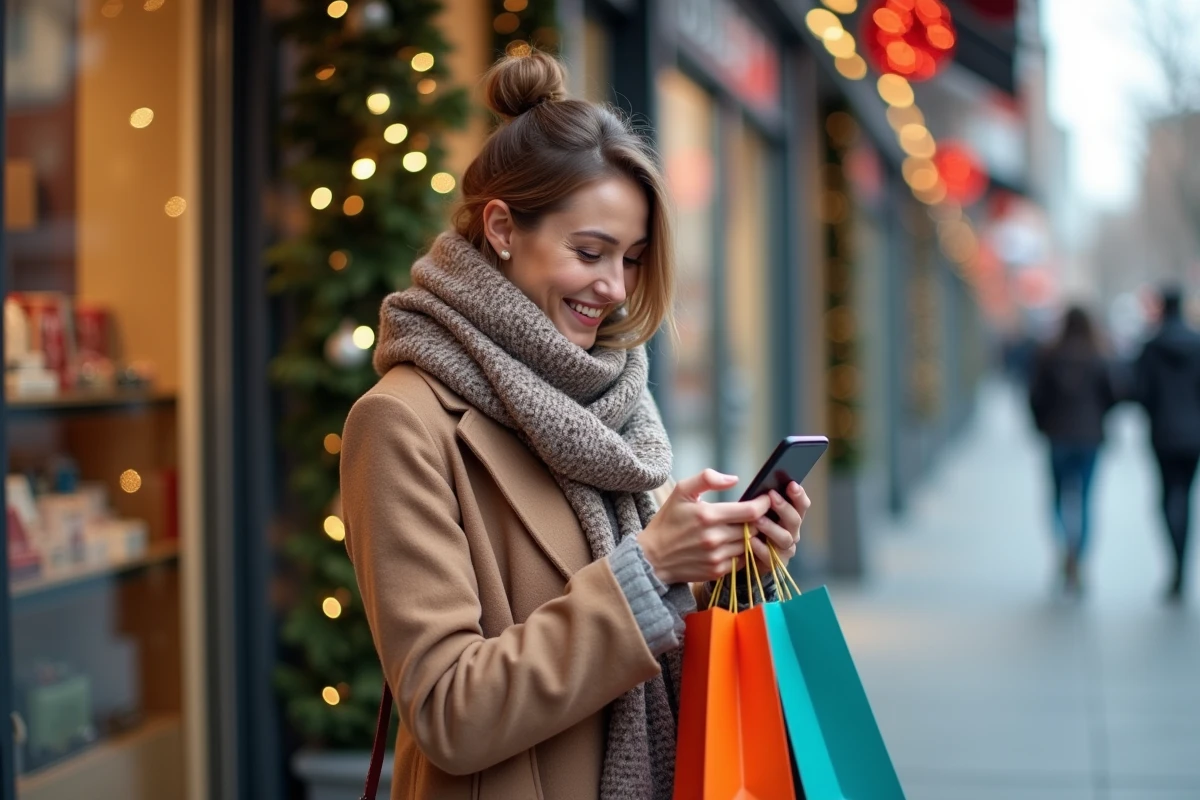 Femme souriante avec sac dans une rue commerçante