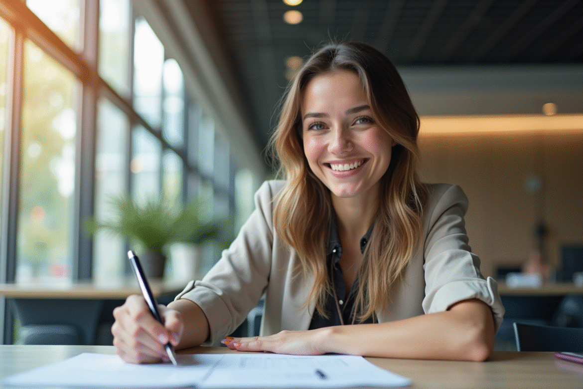Jeune femme souriante signe des documents en banque