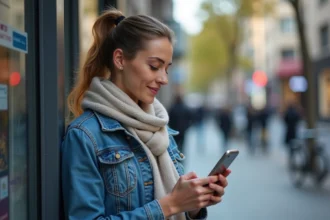 Femme avec smartphone près d'un distributeur automatique en ville