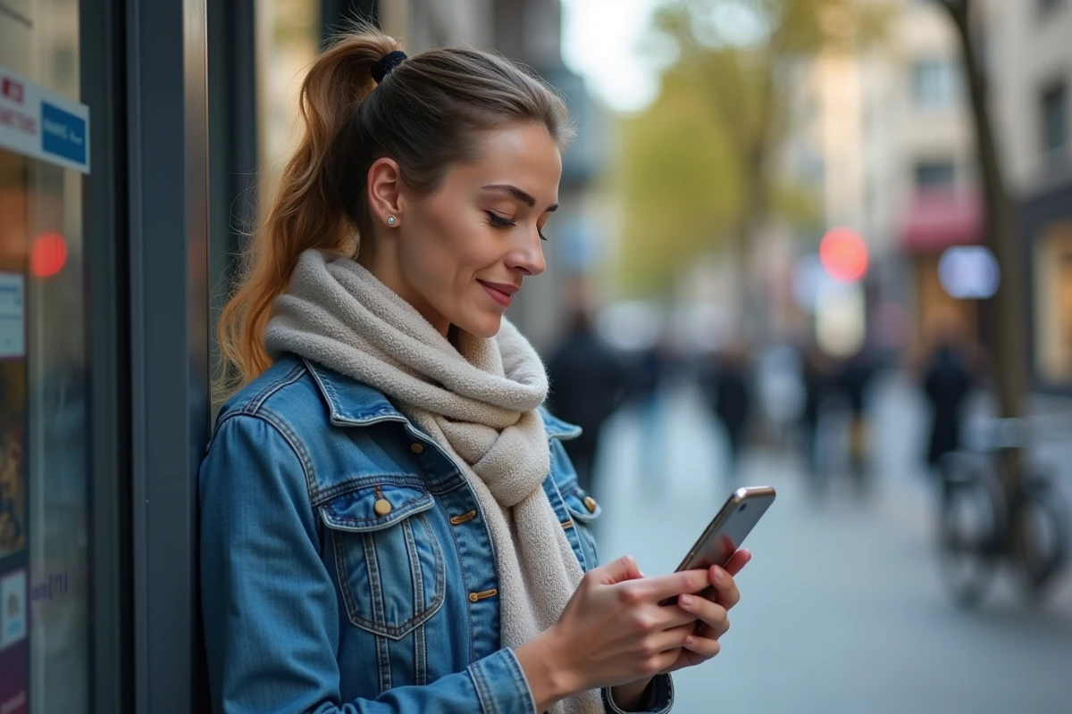 Femme avec smartphone près d'un distributeur automatique en ville