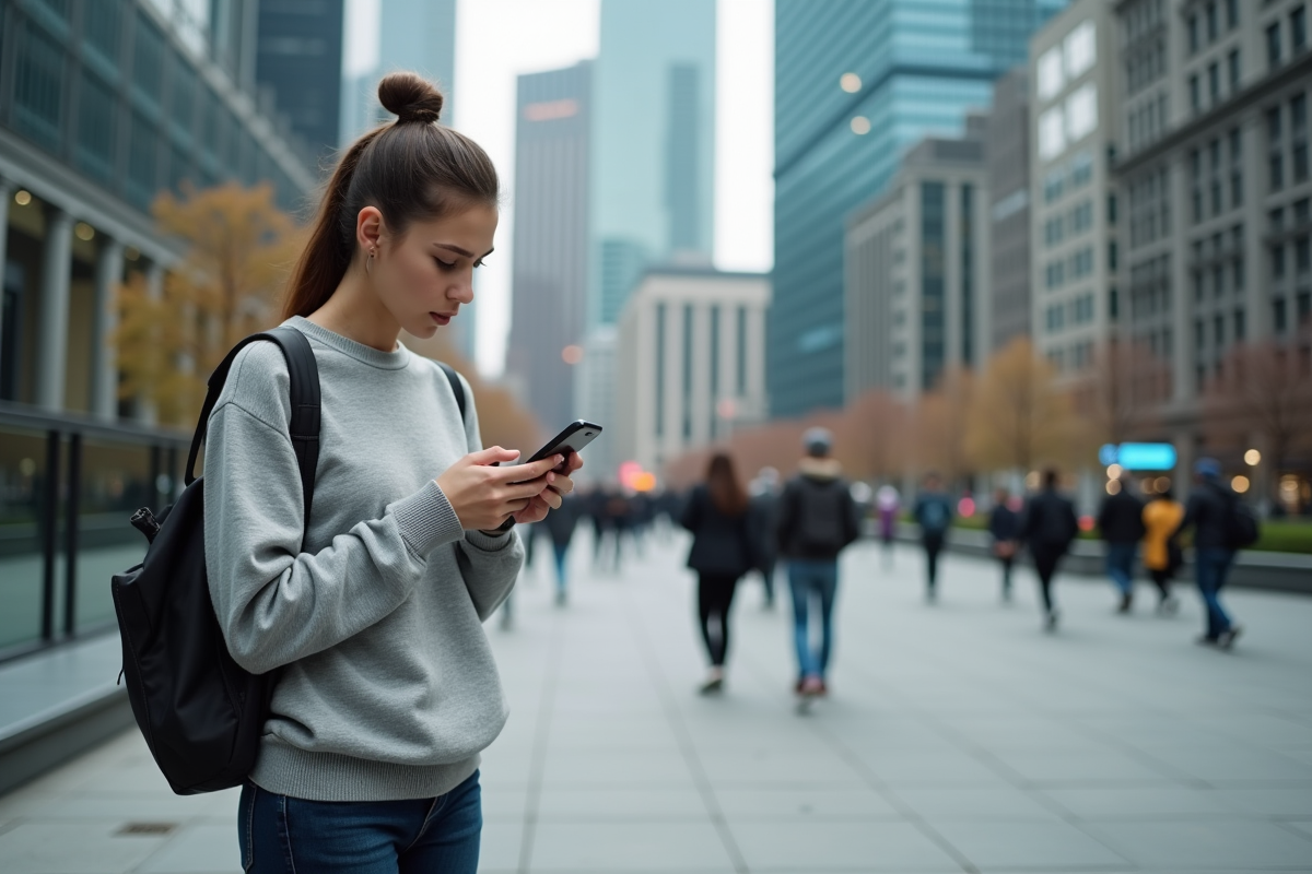 Jeune femme regardant son smartphone dans la ville