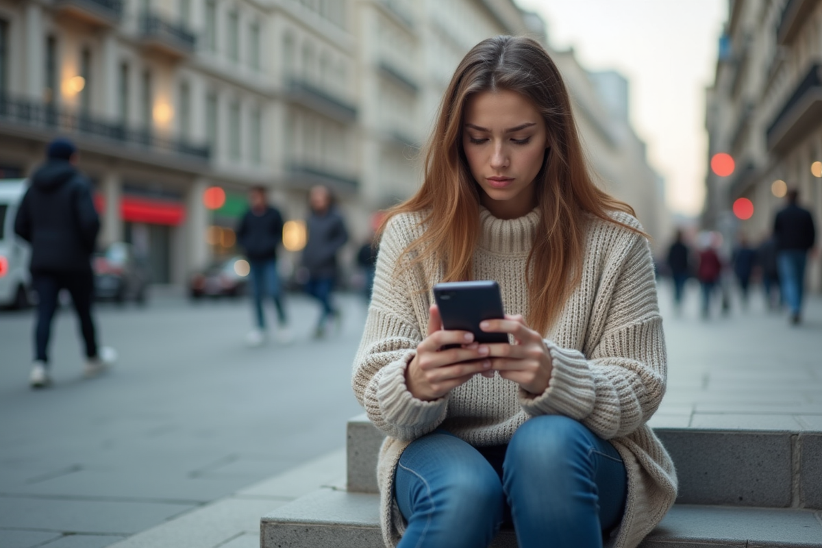 Jeune femme regardant son smartphone en extérieur en ville