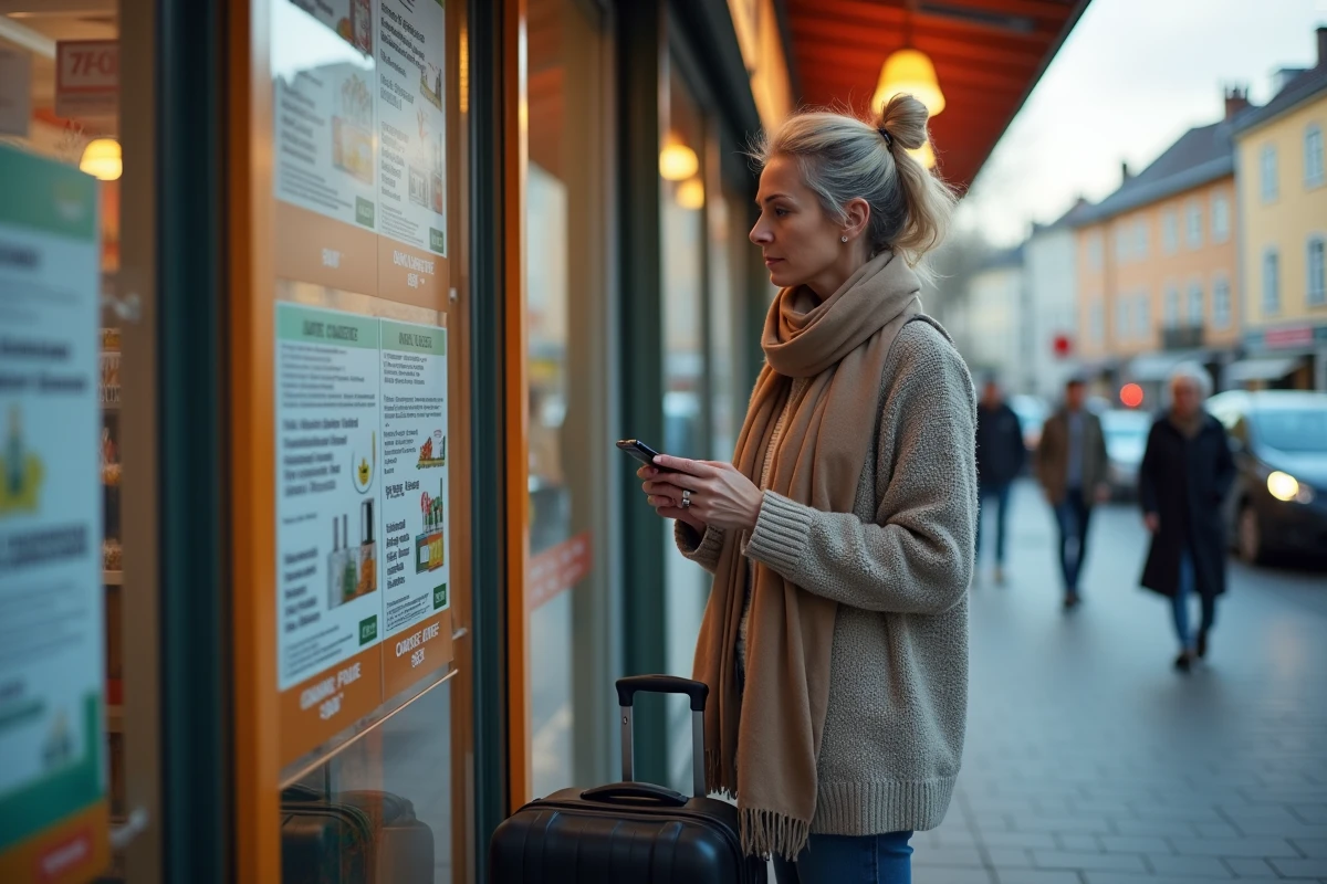 Femme avec valise regardant prix cigarettes