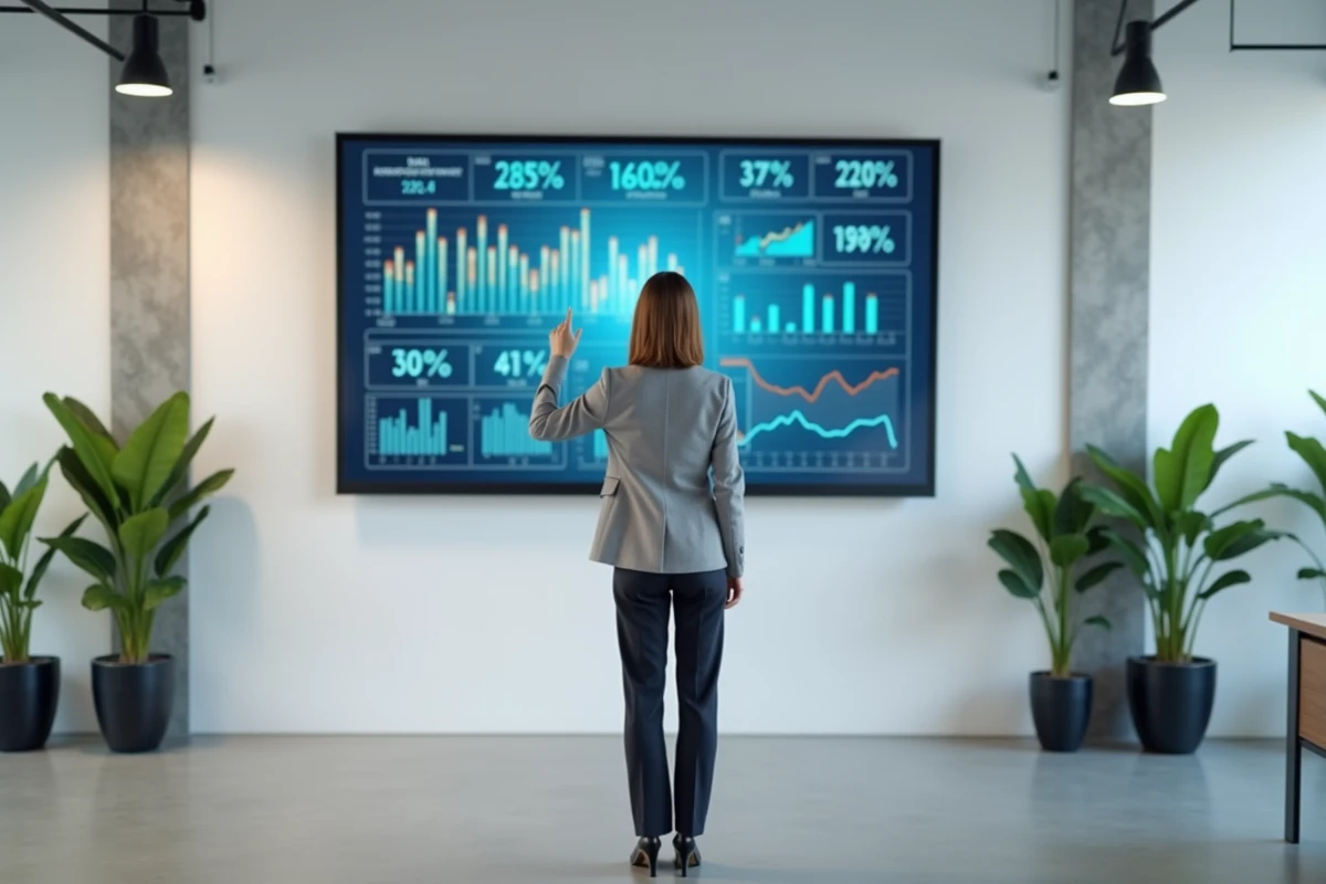 Femme consultant un tableau de bord de calcul de rendement SCPI sur un écran interactif dans un bureau d'investissement moderne