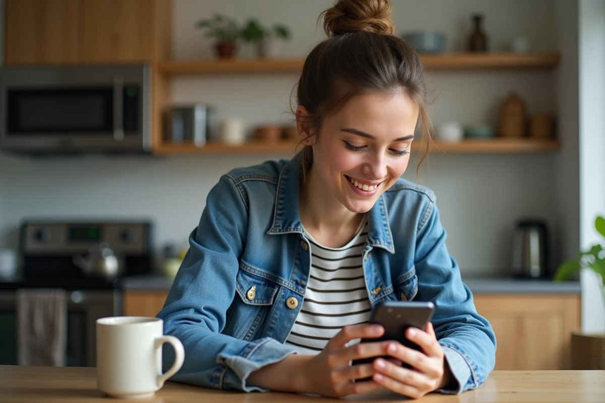 Femme en denim et rayures utilisant son smartphone à la maison