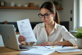 Femme concentrée avec formulaire 2044 dans une cuisine lumineuse