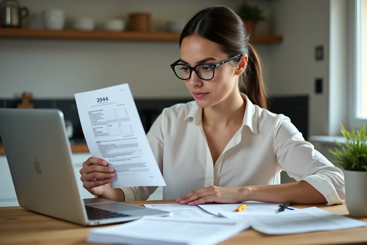 Femme concentrée avec formulaire 2044 dans une cuisine lumineuse