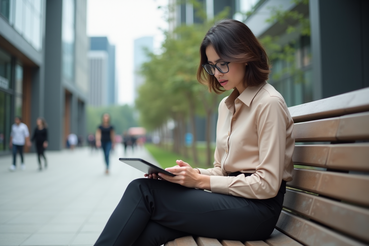 Jeune femme urbaine avec tablette en extérieur