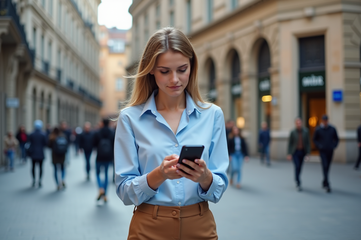 Jeune femme utilisant une application bancaire en ville