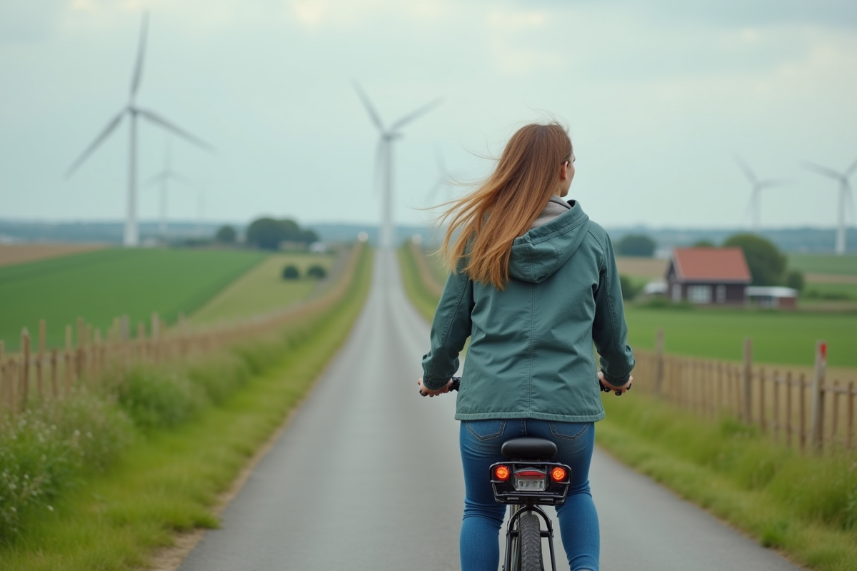 Jeune femme à vélo dans la campagne verte
