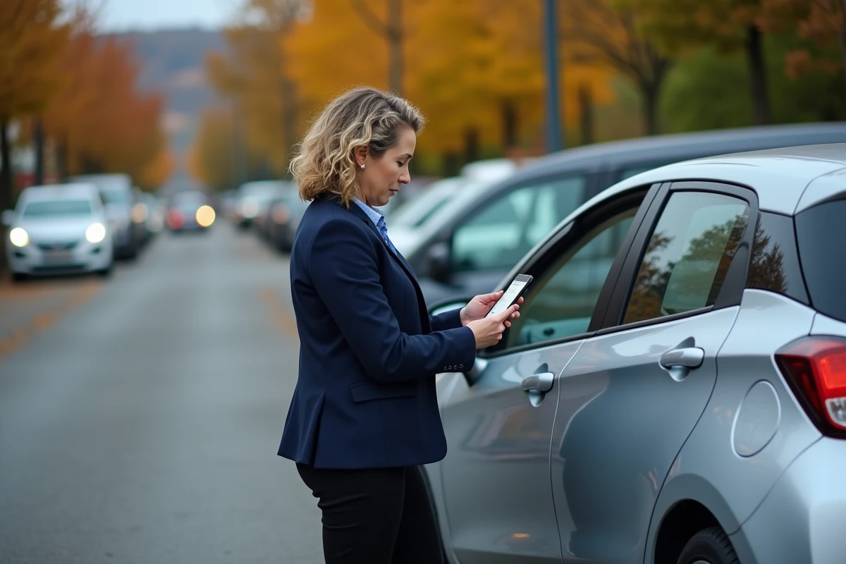 Femme professionnelle enregistrant ses kilomètres professionnels sur smartphone à côté de sa voiture