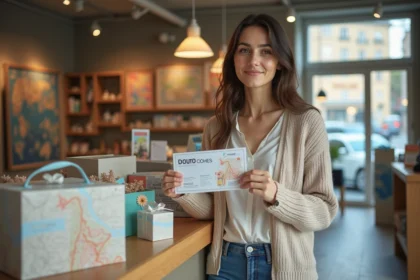 Femme souriante tenant un bon cadeau Cadhoc dans une agence de voyage