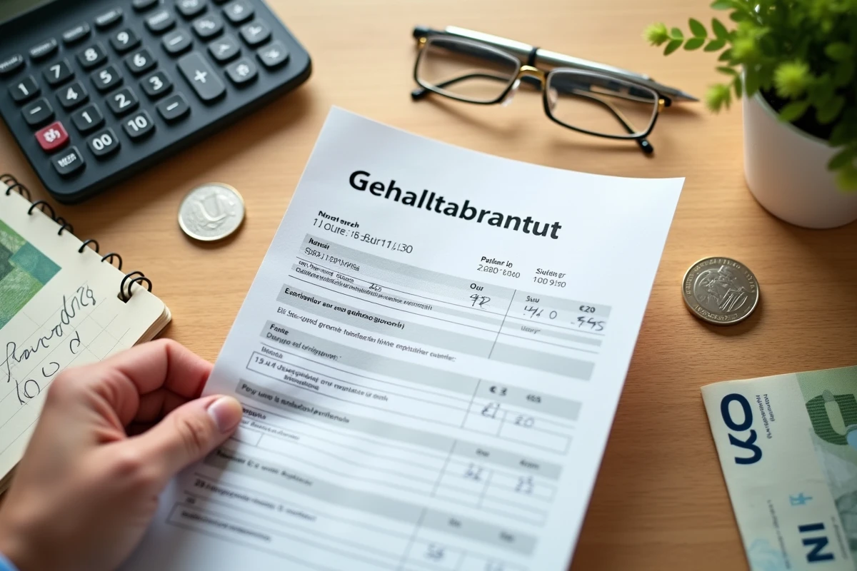 Fiche de paie allemande avec calcul du salaire net, charges sociales et montants en euros sur un bureau en bois pour un travailleur frontalier